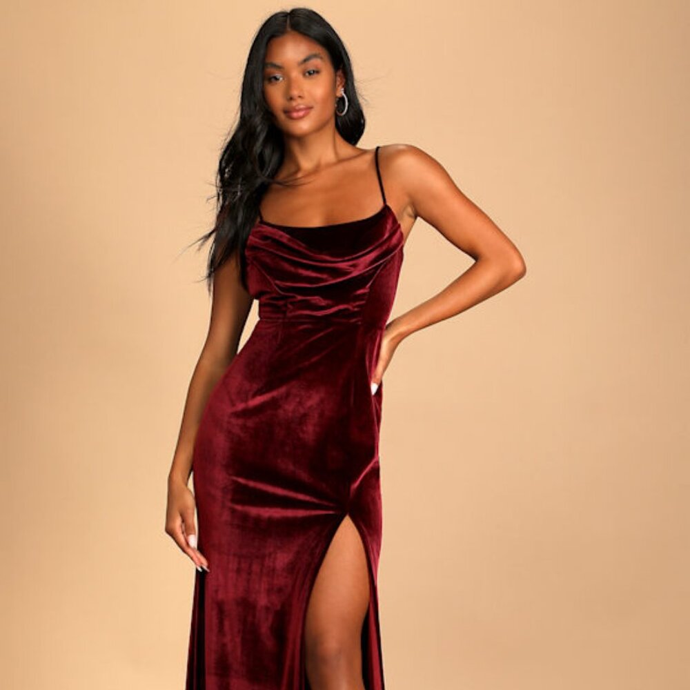 Lulus Everything I Do Wine Velvet Cowl Neck Mermaid Maxi Dress Purple - Size L